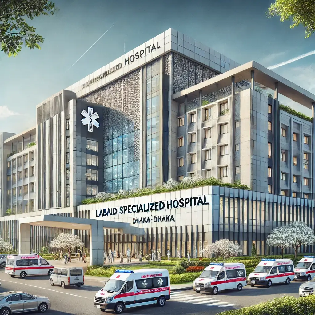 A detailed and professional illustration of Labaid Specialized Hospital in Dhaka, showcasing a sleek, modern multi-story building with glass.