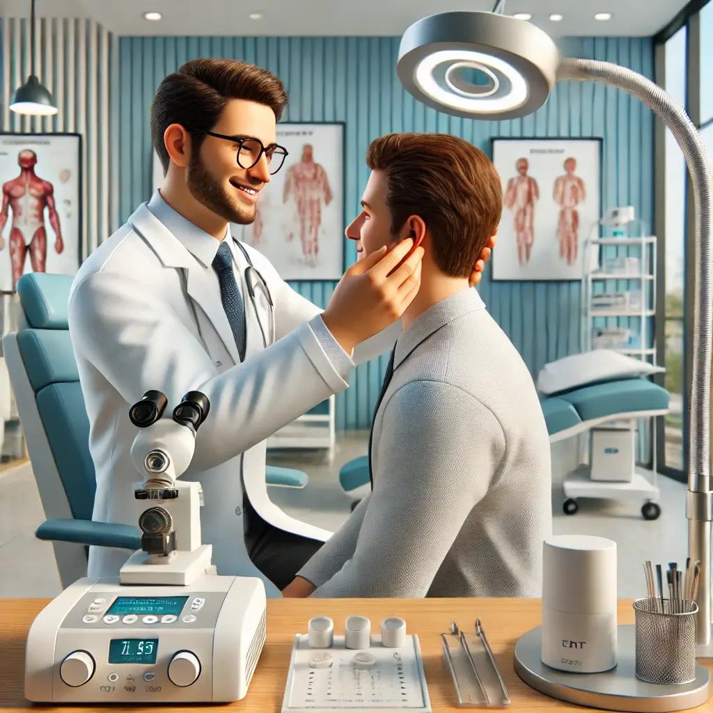A detailed and professional scene of an ENT specialist in Dhaka, Bangladesh. The image shows a friendly ENT doctor with a Patient