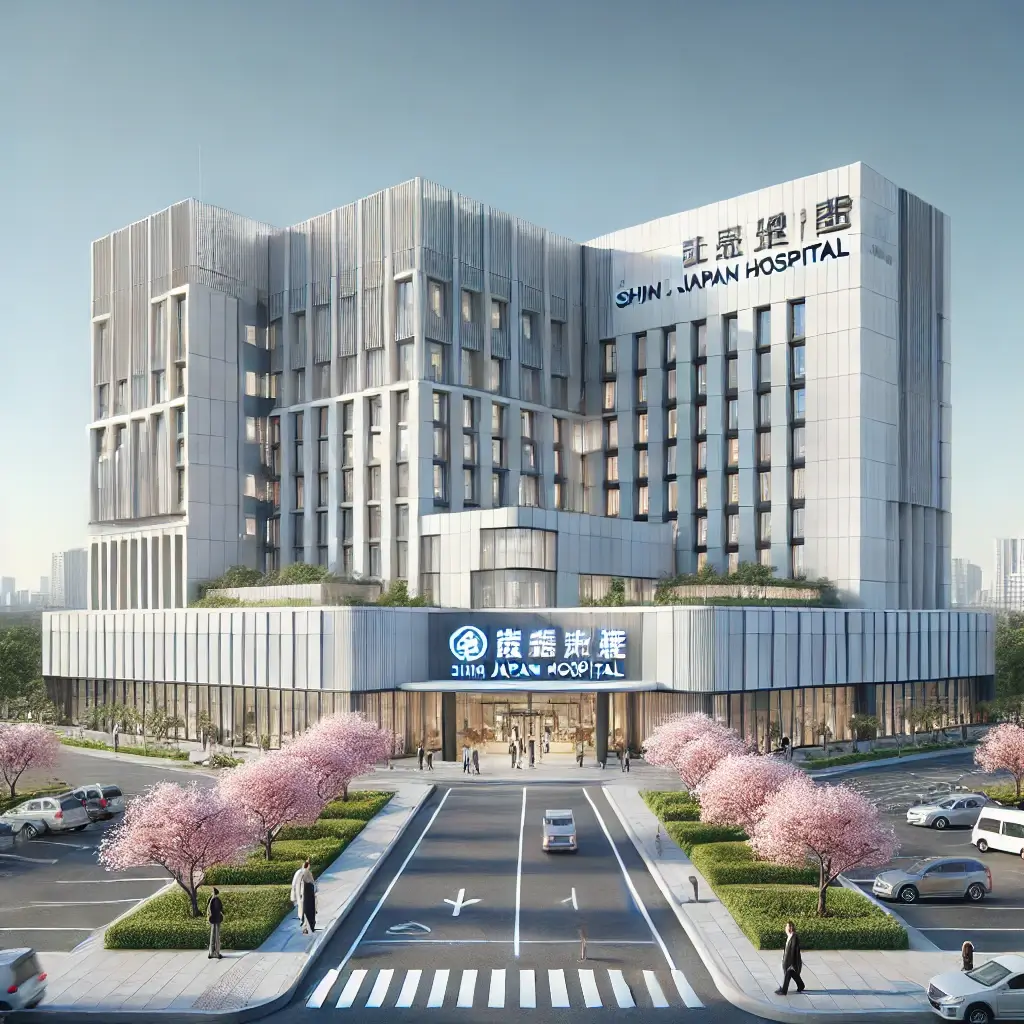 A high-tech and aesthetically designed hospital building named 'Shin Shin Japan Hospital,' located in a clean and modern urban setting.