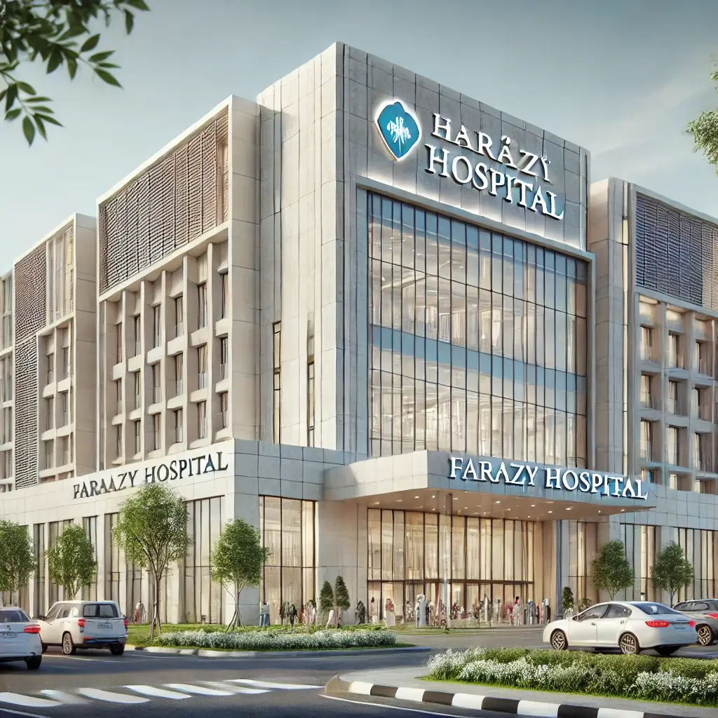 A modern and professional hospital exterior with the name 'Farazy Hospital' prominently displayed on the building. The hospital should have large glass.