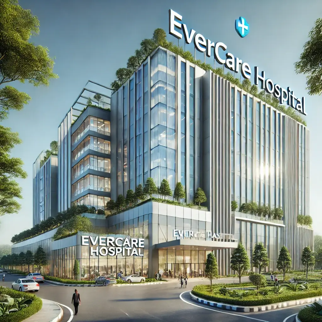 A modern and sleek exterior of Evercare Hospital in Dhaka, Bangladesh, with tall glass windows, a clean and sophisticated design, surrounded by greenery.