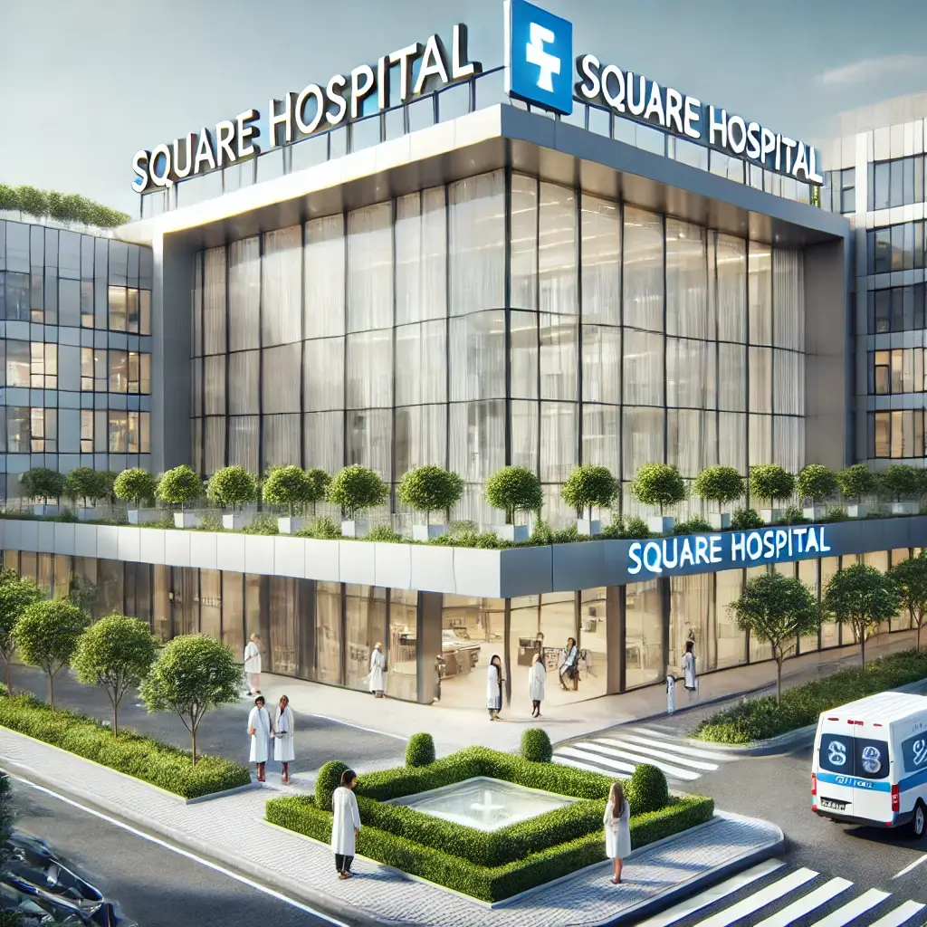 A modern and sleek visual of Square Hospital, showcasing a contemporary hospital building with large glass windows, a prominent 'Square Hospital' sign
