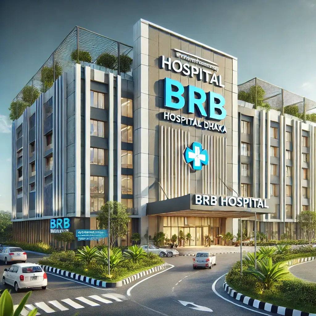 A modern and well-designed hospital building labeled 'BRB Hospital Dhaka' with a clean and welcoming entrance, surrounded by greenery.