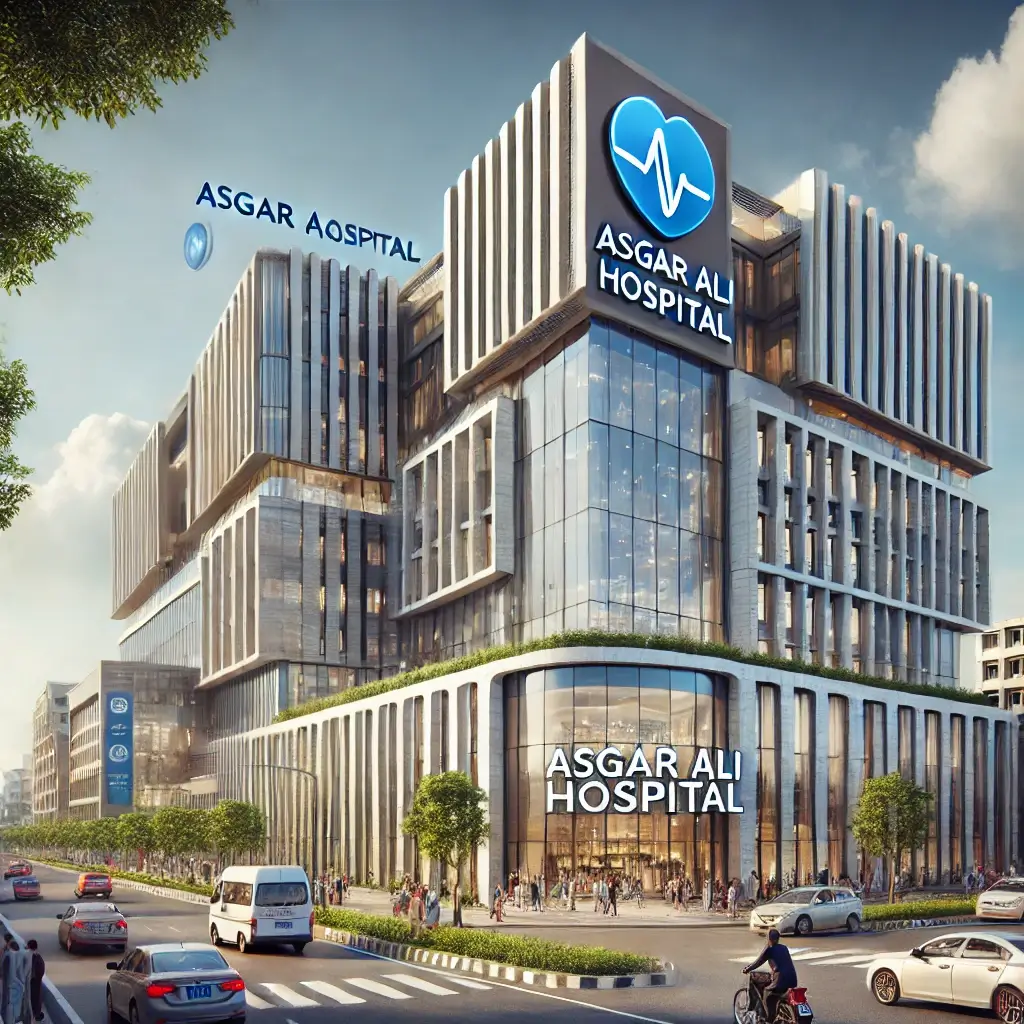 A modern, well-designed exterior view of Asgar Ali Hospital in Dhaka, Bangladesh. The hospital building is large with glass windows and a clean road.