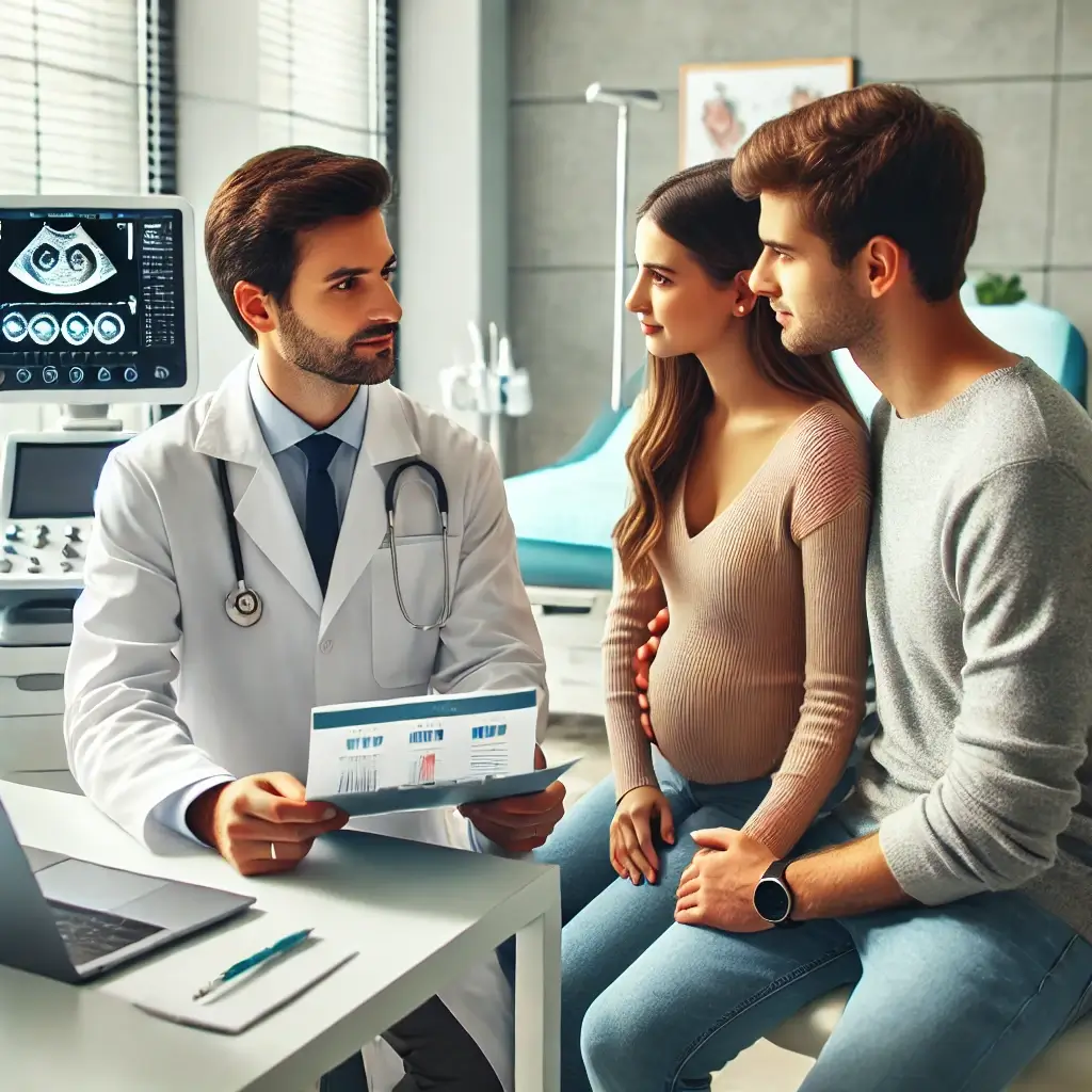 A professional Fertility Specialists in Dhaka consulting with a couple in a medical clinic. The doctor, wearing a white coat.