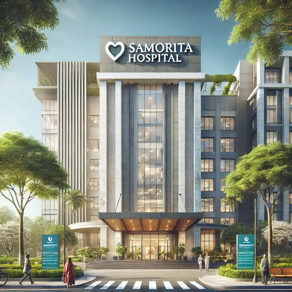 A professional and clean front view of Samorita Hospital, a modern medical facility in Dhaka, Bangladesh. The image showcases a multi-story building .