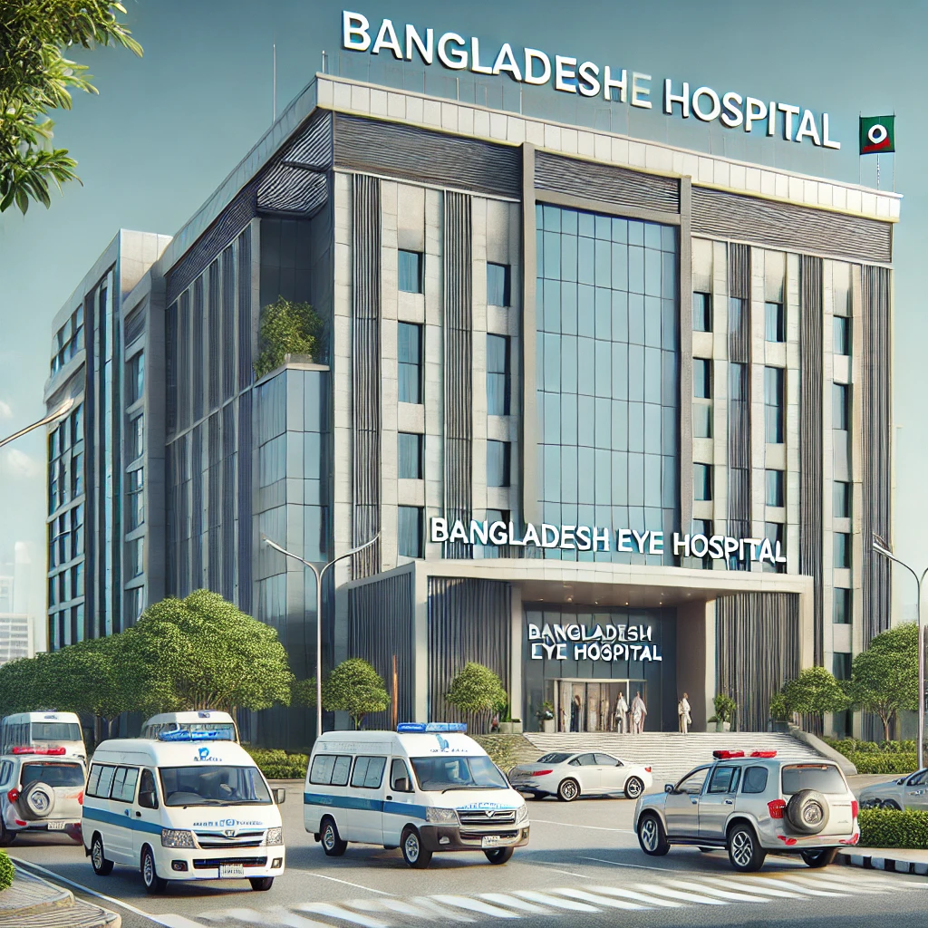 A professional and inviting illustration of Bangladesh Eye Hospital, showcasing a sleek, multi-story building with a modern architectural design.