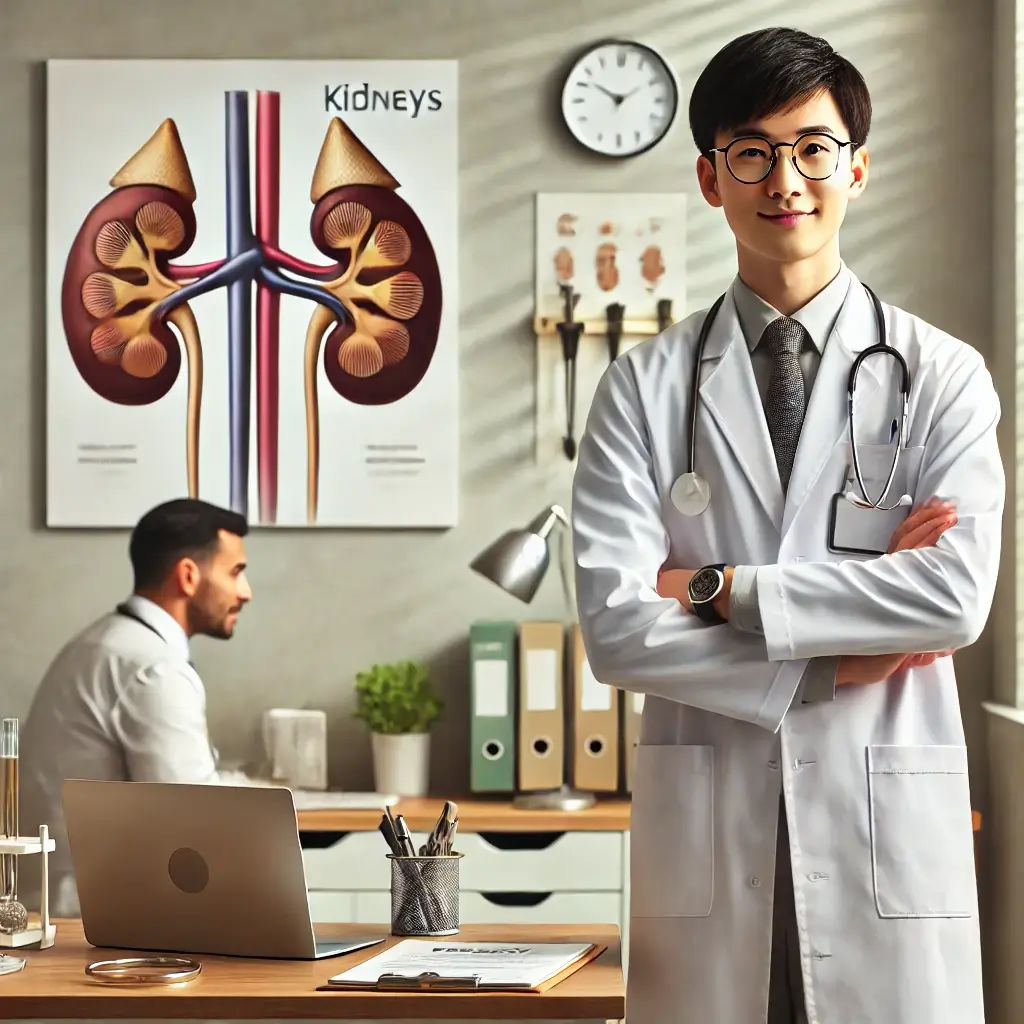 A professional kidney specialists in dhaka office. The scene includes a doctor wearing a white coat, standing near a desk.