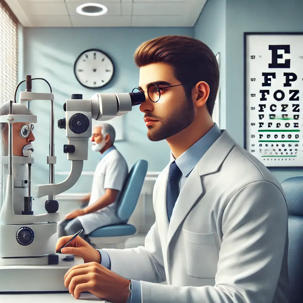 A professional setting featuring an Eye Specialist in Dhaka examining a patient in a modern clinic.