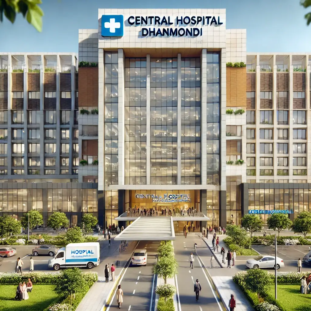 A realistic depiction of the exterior of Central Hospital Dhanmondi, showing a modern multi-story hospital building with a clean and welcoming entrance.