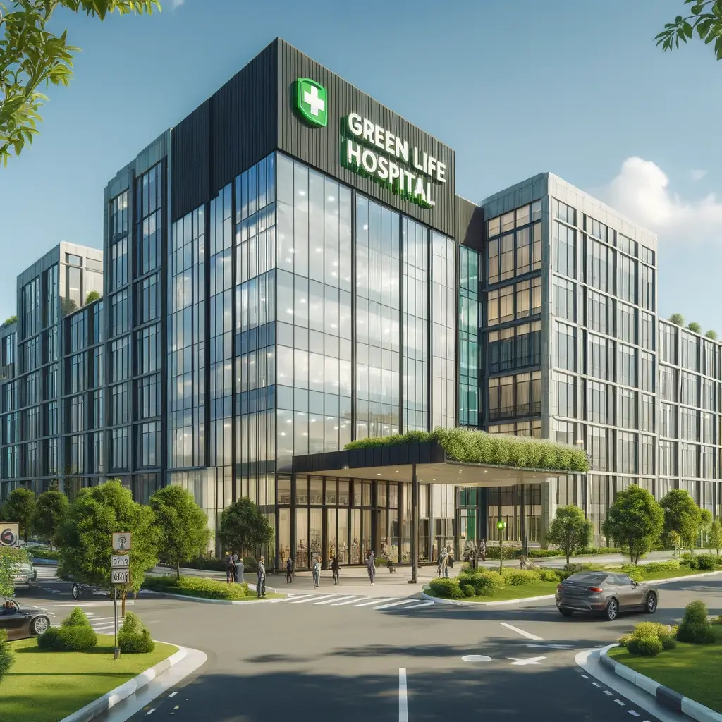 A realistic depiction of the exterior of Green Life Hospital, showcasing a modern multi-story building with a sleek glass facade.