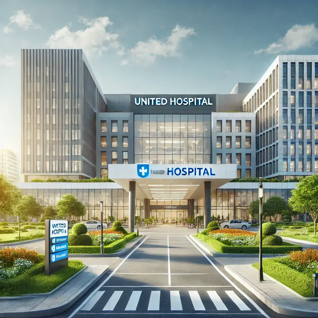 A sleek and modern hospital building labeled 'United Hospital' with a spacious, welcoming entrance, surrounded by well-maintained gardens.