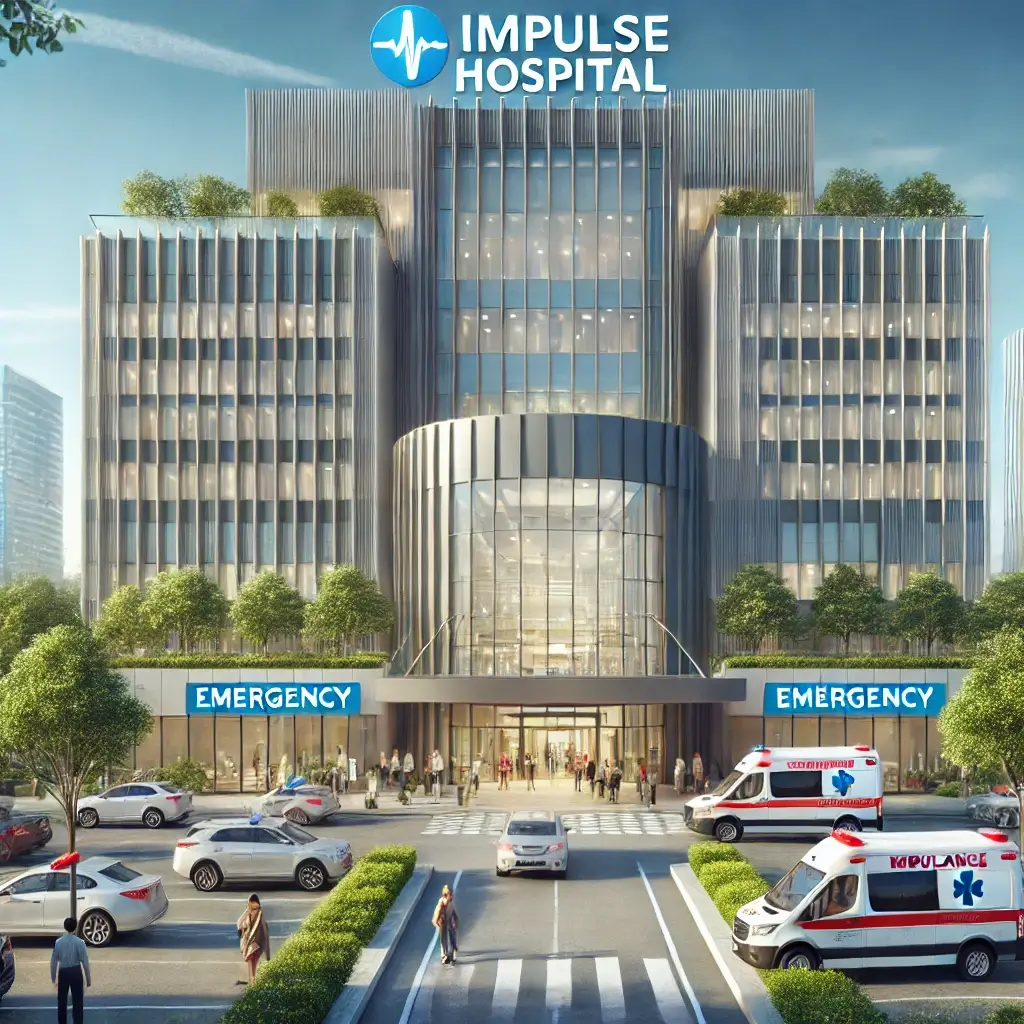 A state-of-the-art hospital building named 'Impulse Hospital' situated in a bustling city environment. The building features modern architecture.