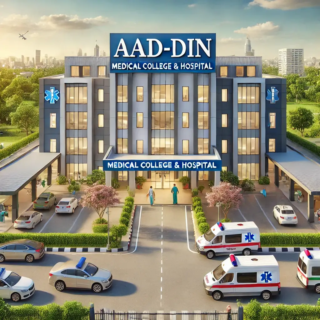 A vibrant and professional illustration of Aad-din Medical College & Hospital, featuring a modern multi-story building with clean and sleek architecture.