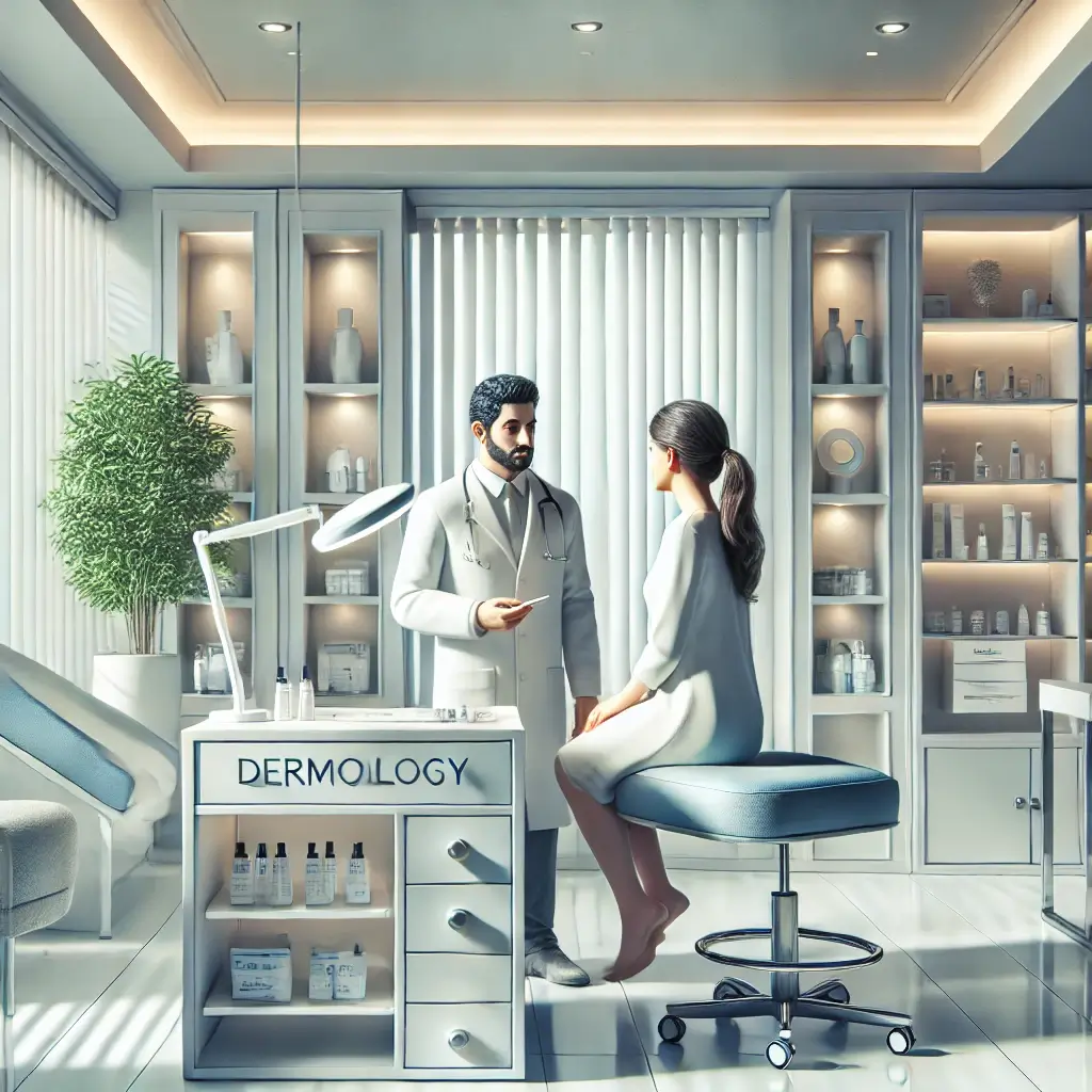 An aesthetically pleasing image of a modern dermatology clinic in Dhaka, Bangladesh. The scene includes a professional Dermatologist in Dhaka consulting a Patient.