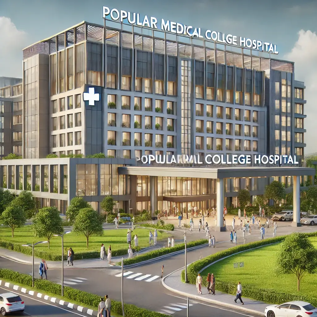 An image of a large, modern medical college hospital building, with a welcoming entrance, surrounded by green lawns and trees.