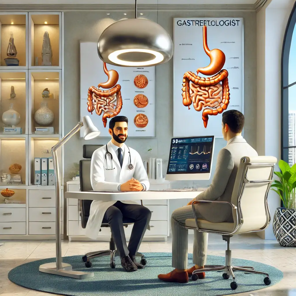 Professional gastroenterologist in Dhaka, Bangladesh. The scene includes a friendly gastroenterologist in a white dress.