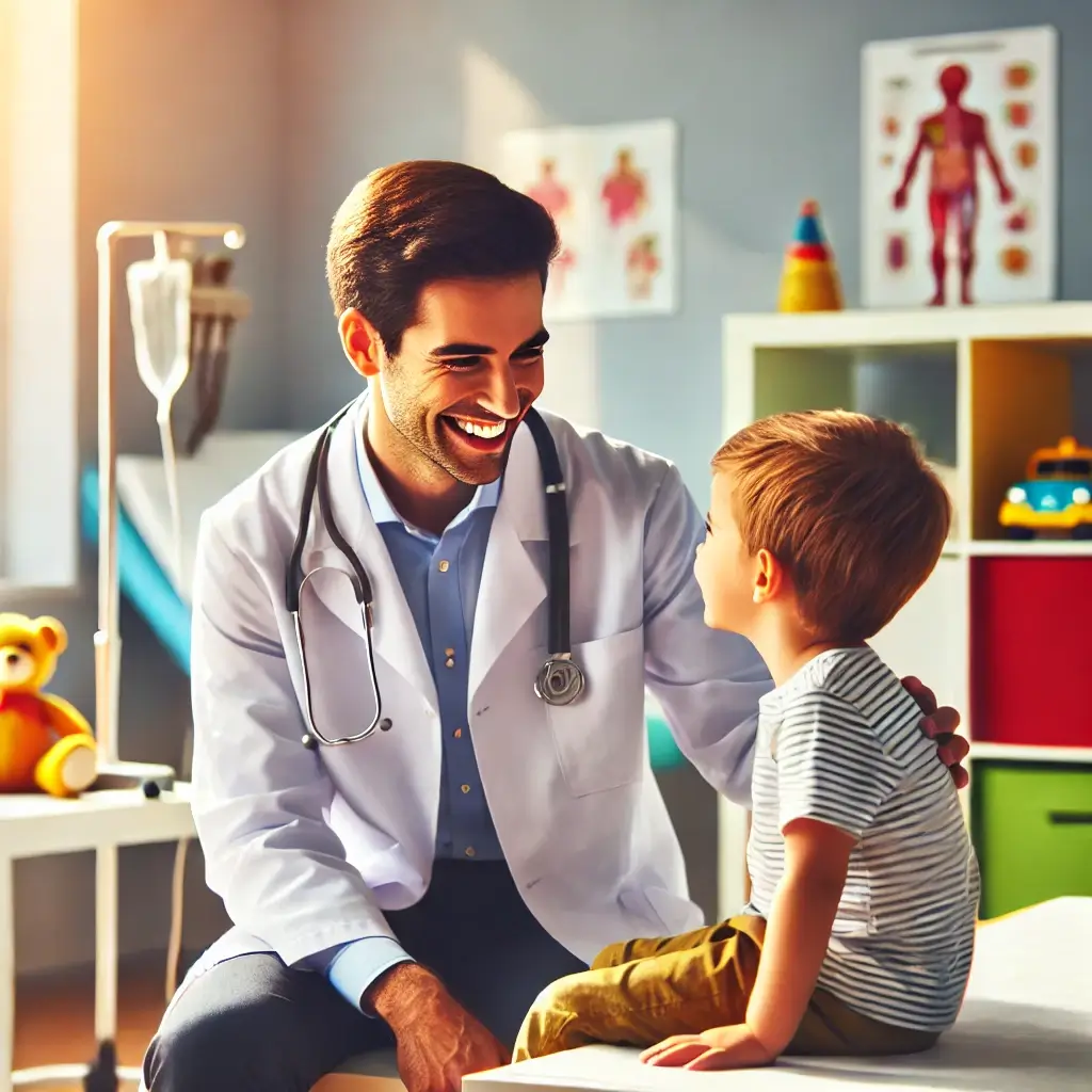 a Child Specialists Dhaka in a pediatric clinic, interacting with a child in a friendly and caring manner