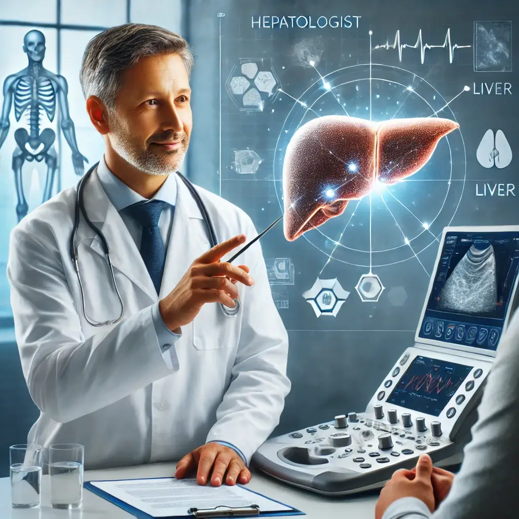 professional liver specialists in Dhaka consulting a patient in a modern medical setting. The scene includes advanced diagnostic equipment.