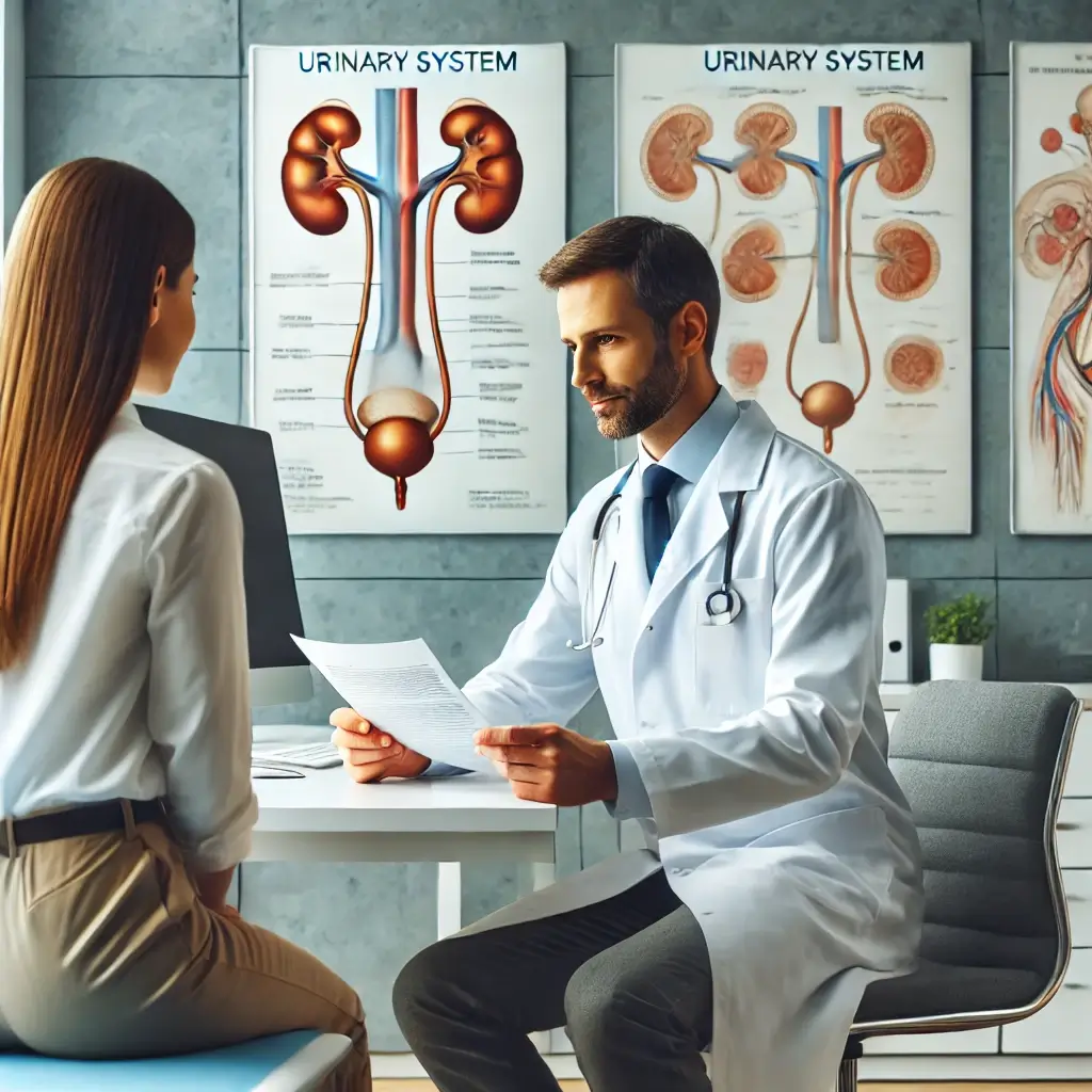 professional Urology Specialists in Dhaka consulting with a patient. The doctor is in a white coat, seated in a modern clinic.